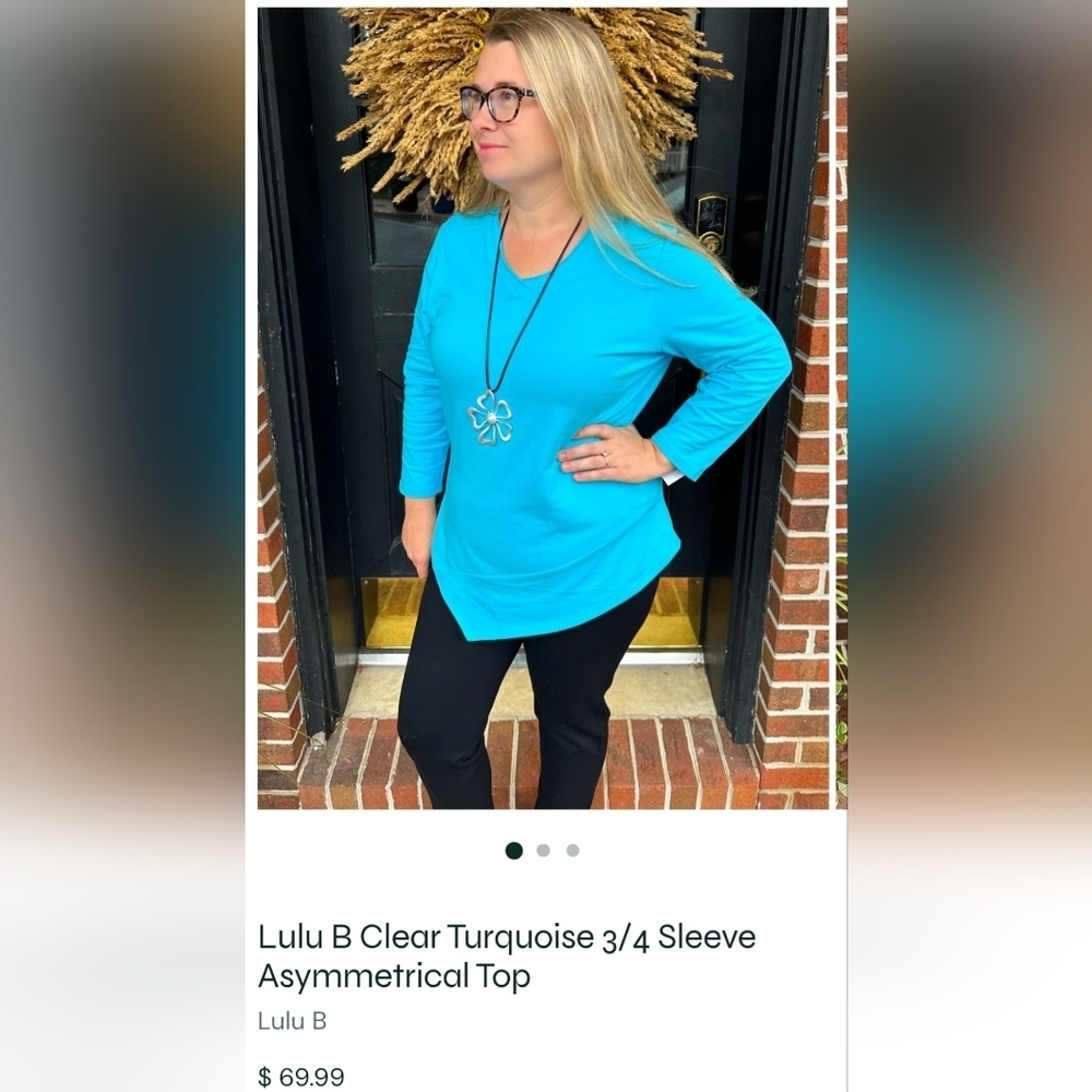 Lulu-B Turquoise Blue 3/4 Sleeve Assymetrical Top, Women's Small Coastal